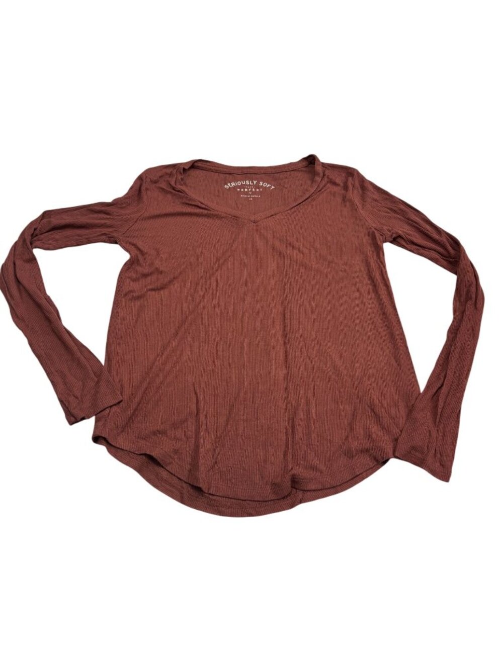 Aero Seriously Soft Brown Ribbed Long Sleeve Top V-Neck XS